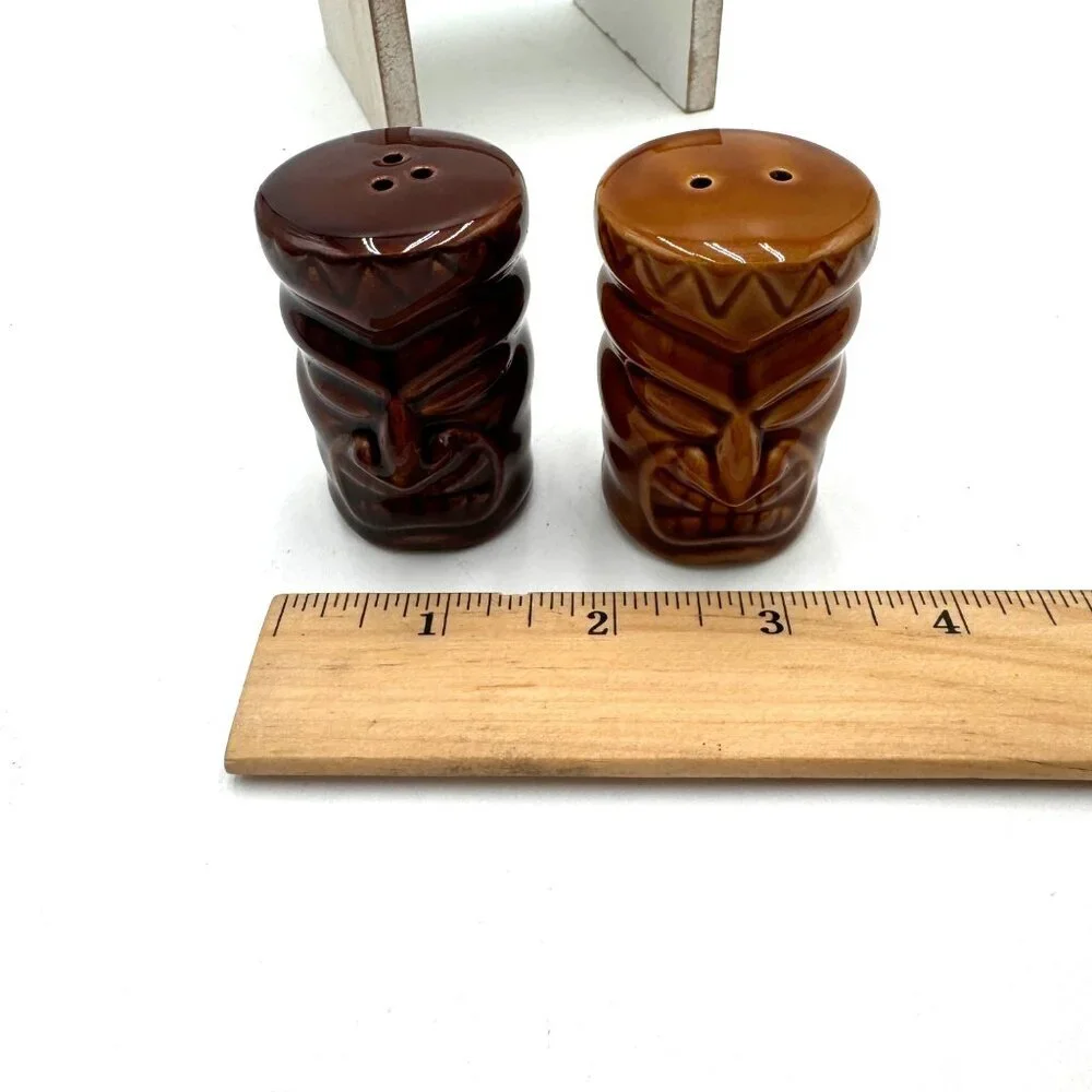 Vintage Tiki Totem Brown Ceramic Hawaiian Tropical  Salt and Pepper Shakers